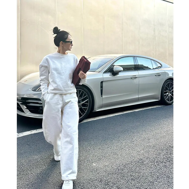 韩系时尚慵懒感圆领卫衣套装女2025秋季新款简约休闲白色上衣卫裤