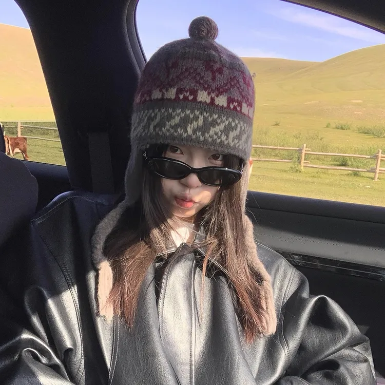 费尔岛风针织护耳帽女显脸小毛线帽大头围保暖包头帽子秋冬冷帽