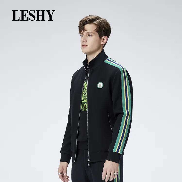 【超值优惠】乐士男装秋冬简欧时尚黑绿条纹刺绣百搭茄克66233J6002