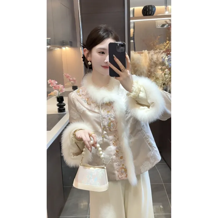 【周粥】【鱼跃龙门】2025秋冬新款提花刺绣狐狸毛羽绒服JJQ5YRF6265