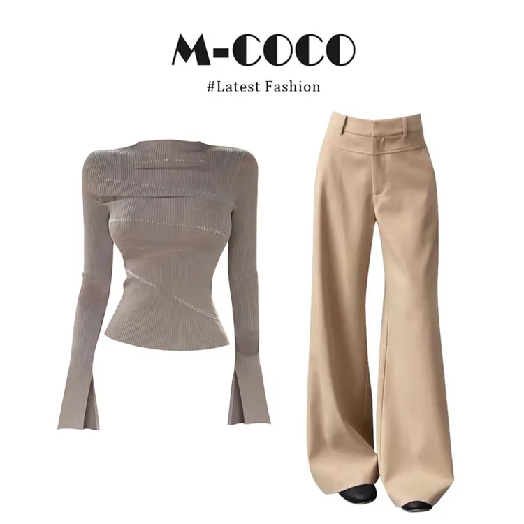 “许我耀眼”设计感肌理感气质性感烫钻上衣休闲裤两件套