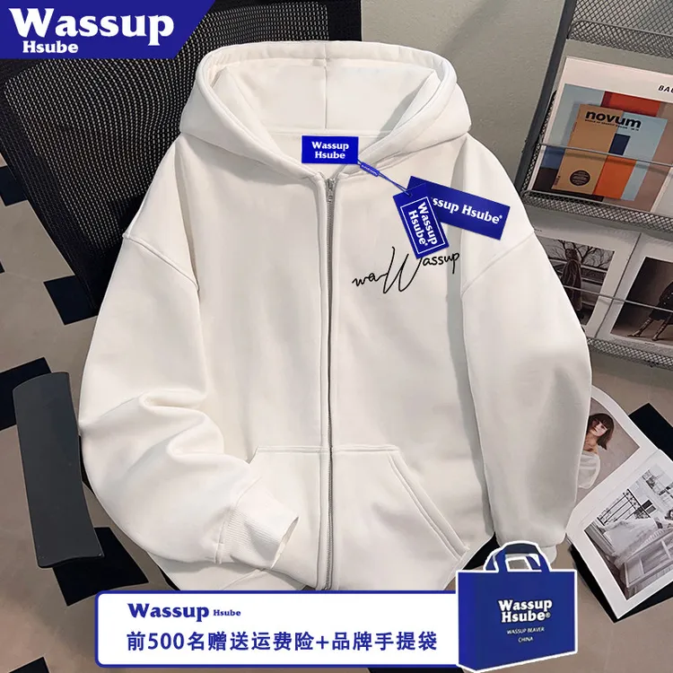 WASSUP秋冬加绒白色开衫韩系男女拉链连帽外套字母印花卫衣