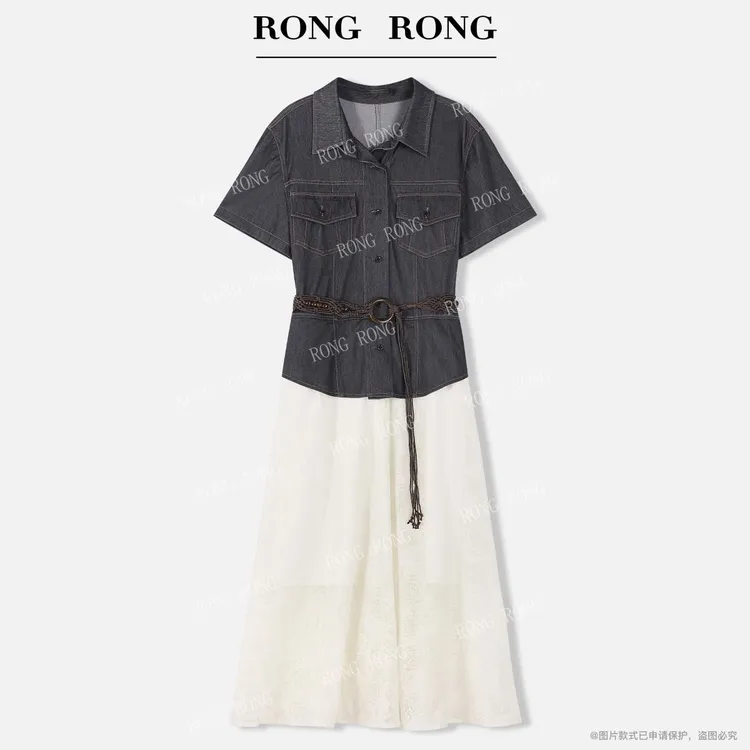 溶溶【瑰梦巴黎】RONGRONG 立领半开襟撞色镂空网纱连衣裙YMX3779L