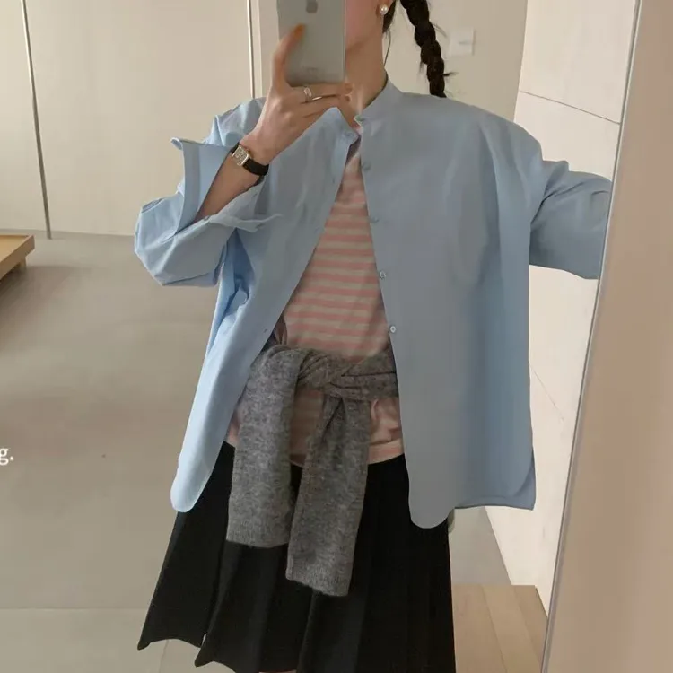 egg鸡蛋家2060衬衫女2025春季新款衬衣单排扣圆领长袖韩系防晒衣