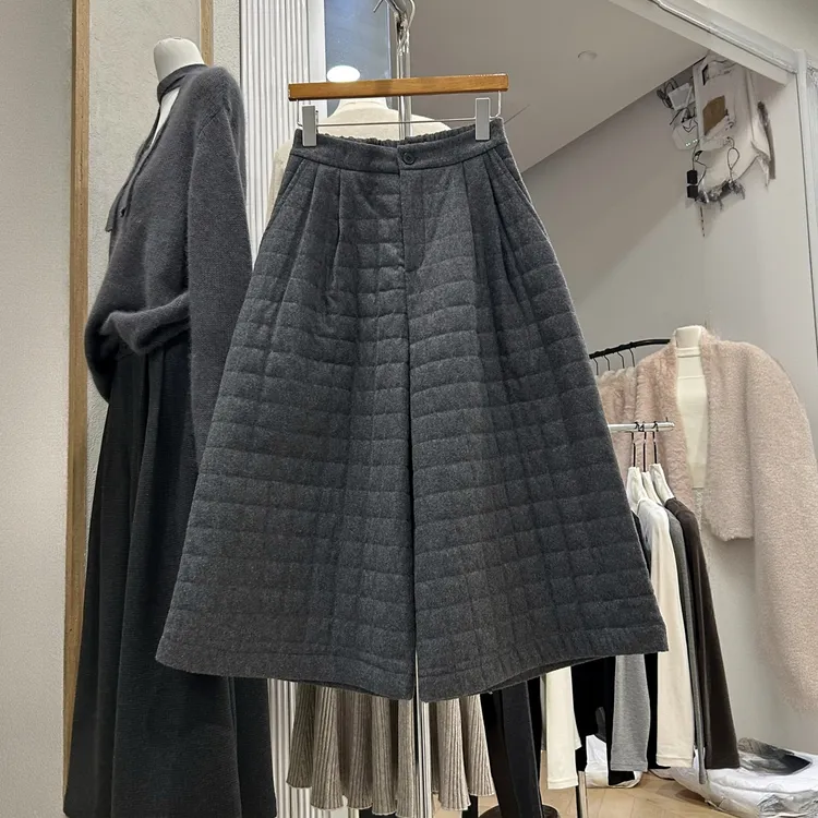 欧货毛呢方格夹棉阔腿八分裤女2025冬季新款小个子高腰显瘦休闲裤