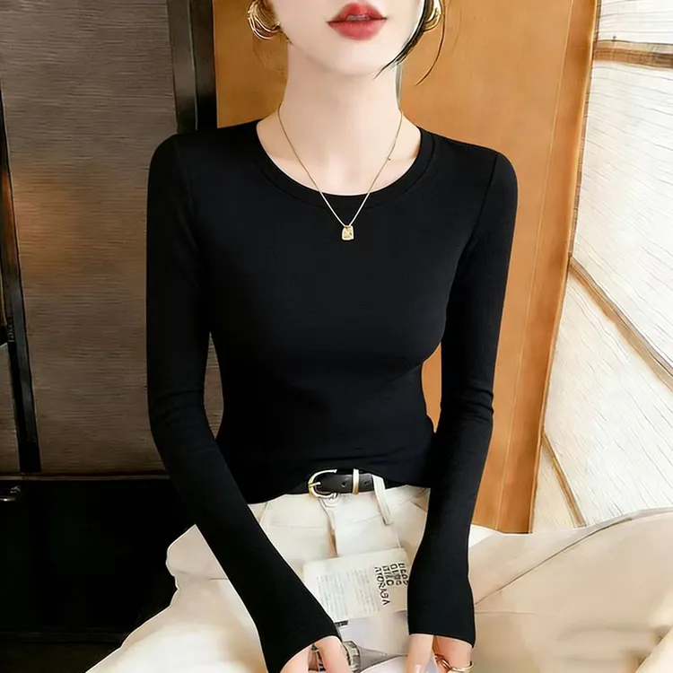 2026年新款秋冬圆领打底衫女双面德绒加厚保暖显瘦修身百搭长袖T