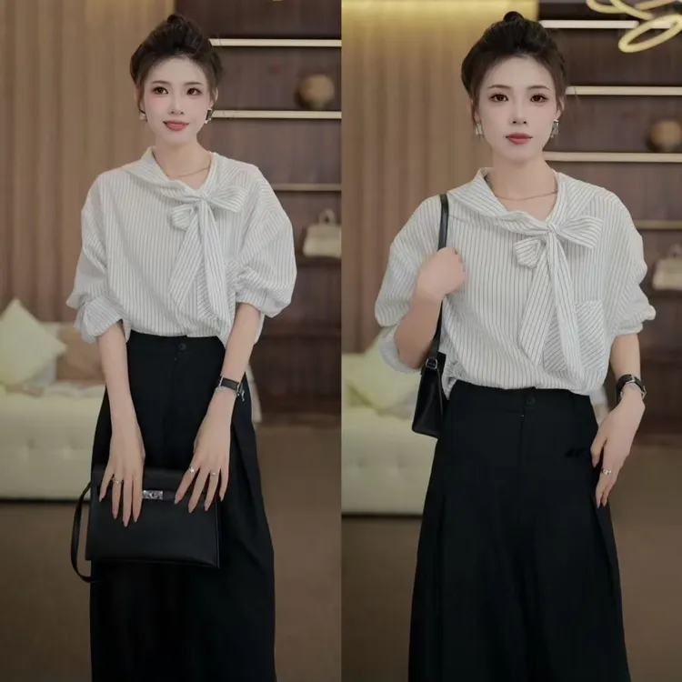 2025年春季新款轻奢气质条纹长袖衬衫宽松显瘦上衣女