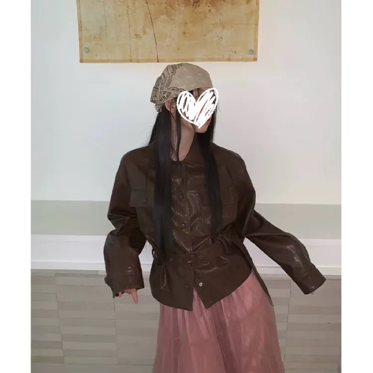 早秋美式机车时尚翻领皮衣夹克外套女+松紧腰显瘦网纱半身裙