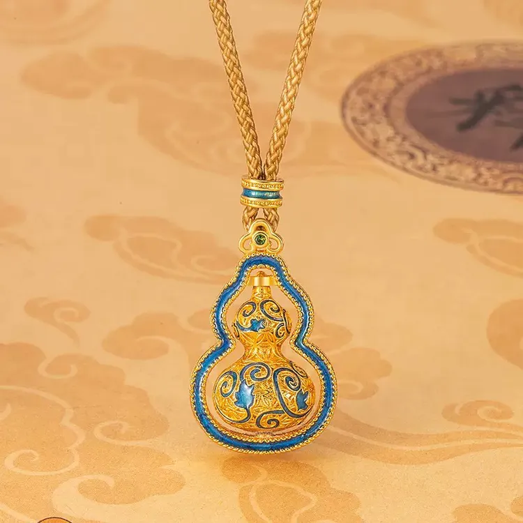 铜合金项链 福禄绵绵葫芦吊坠新中式青花瓷套链花丝锁骨链旋转
