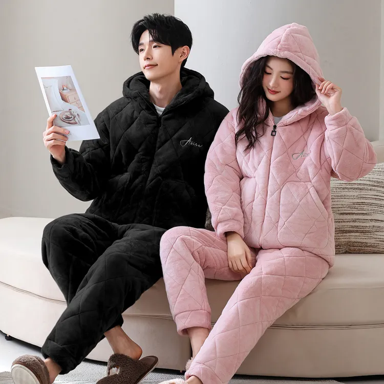 La seule【钟情】三层夹棉加厚冬季情侣保暖睡衣套装男女外穿家居服