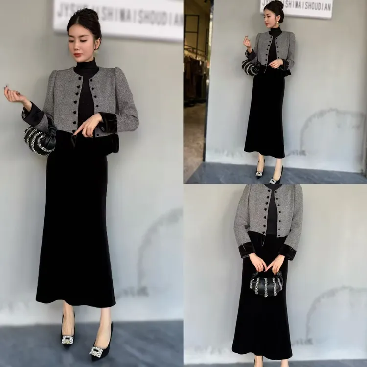 【俊英】秋季爆款名媛气质显瘦小香风外套搭配高级丝绒优雅显瘦半裙