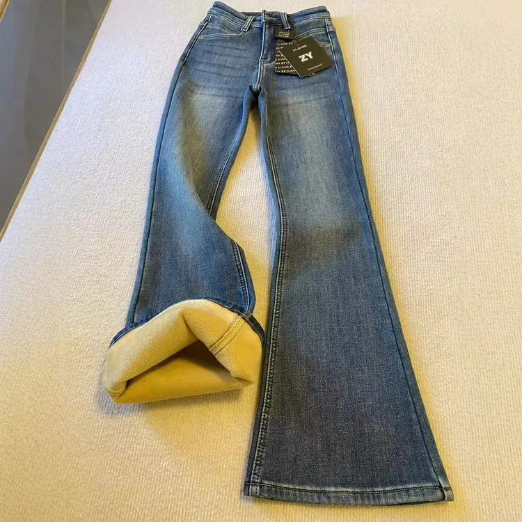 雪千羽加绒加厚复古蓝微喇牛仔裤女秋冬季新款高腰显瘦弹力喇叭裤