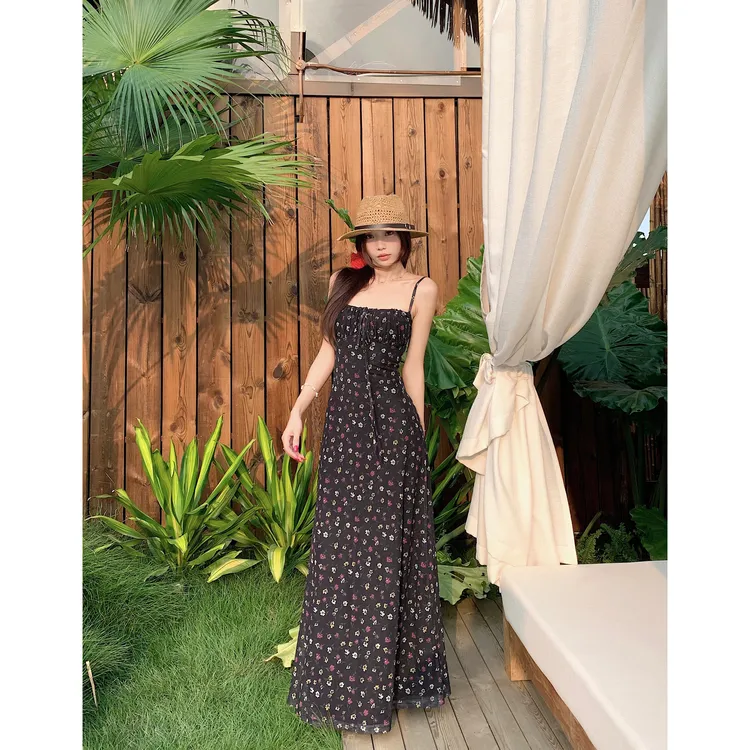 【玛瑙少女 】复古休闲风碎花吊带气质碎花连衣裙L 8896#