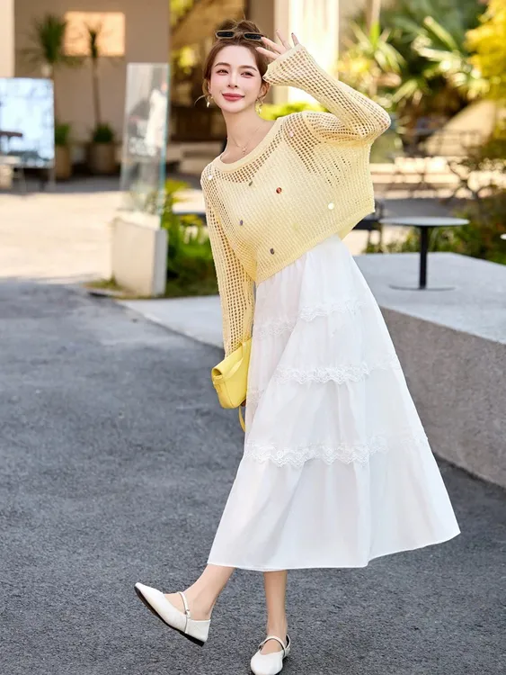 2025夏季女装新款镂空针织衫+吊带裙两件套时尚套裙3133#