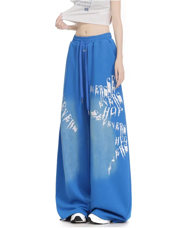 美式水洗渐变蓝色印花卫裤女宽松慵懒垂感阔腿休闲跳舞弯刀运动裤