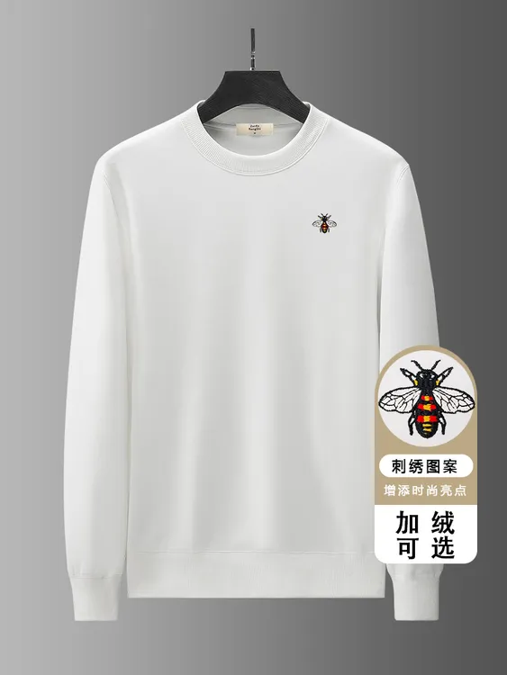 高质感男士卫衣秋冬季新款高端欧货潮牌小蜜蜂简约刺绣白色打底衫