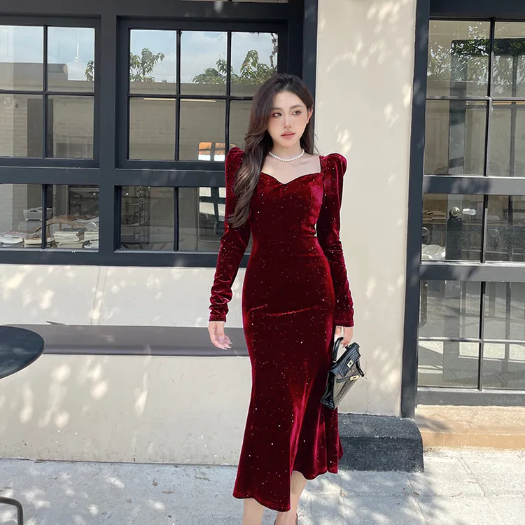 秋冬复古丝绒鱼尾连衣裙子赫本风气质时尚结婚宴会圣诞节礼服裙女