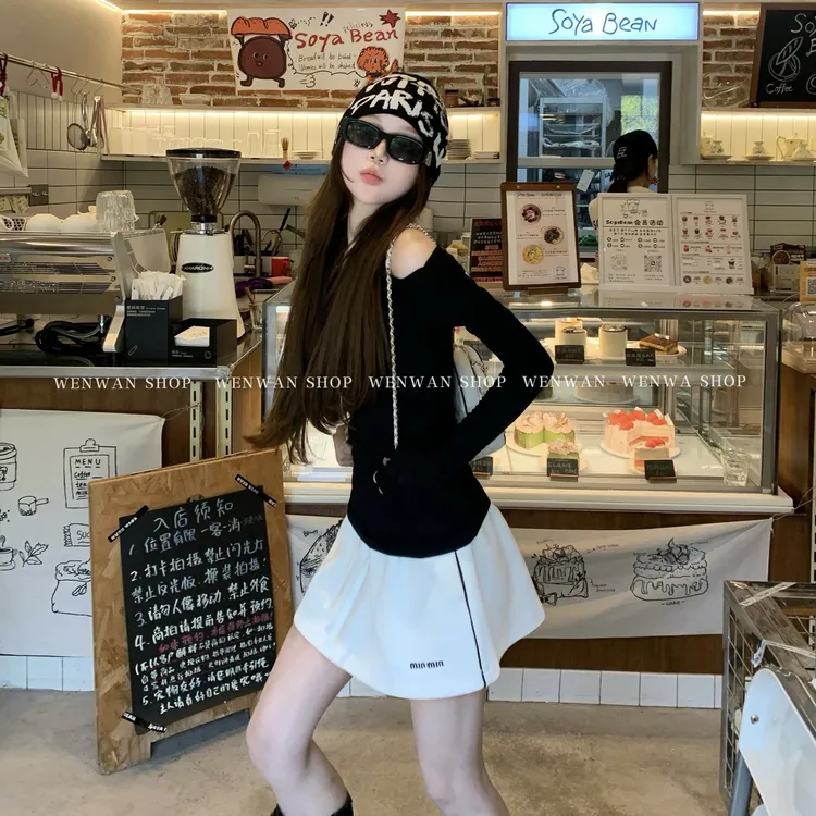 【绝搭单品】字母刺绣白色抽绳经典百搭A字半身裙