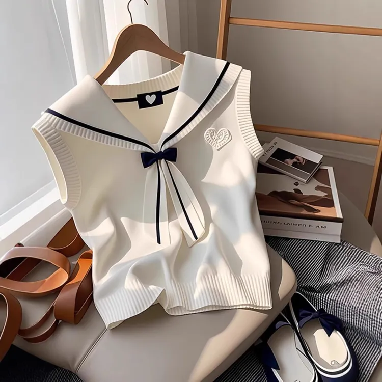 2025夏季新款奶白色海军领蝴蝶结扭结马甲女显瘦春夏韩系穿搭2025