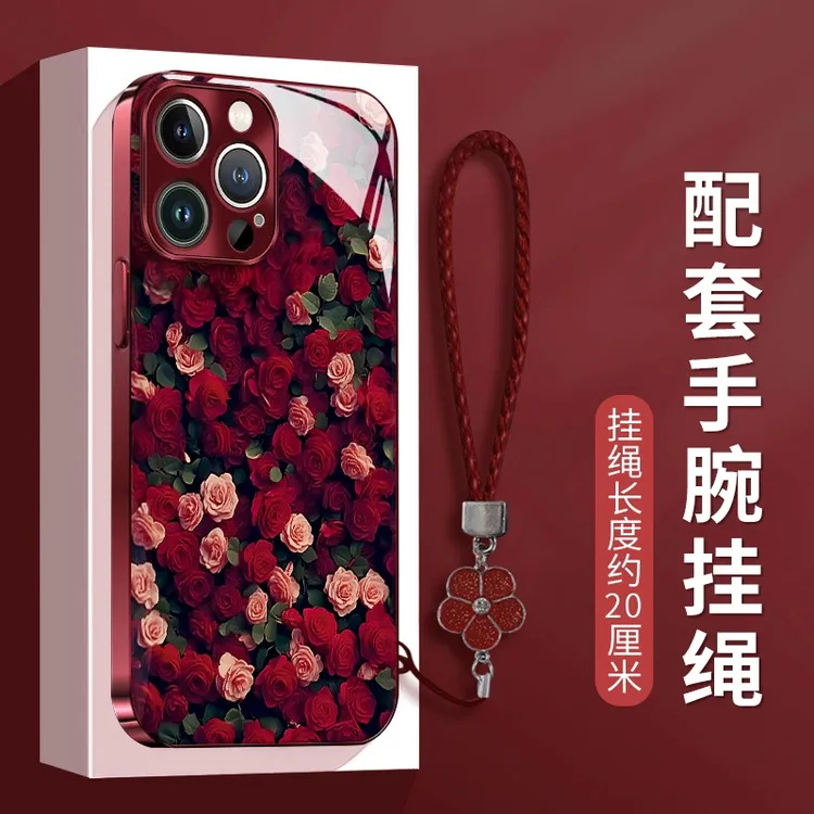 电镀玻璃壳红玫瑰适用于苹果华为vivo小米oppo新年防摔手机壳女款
