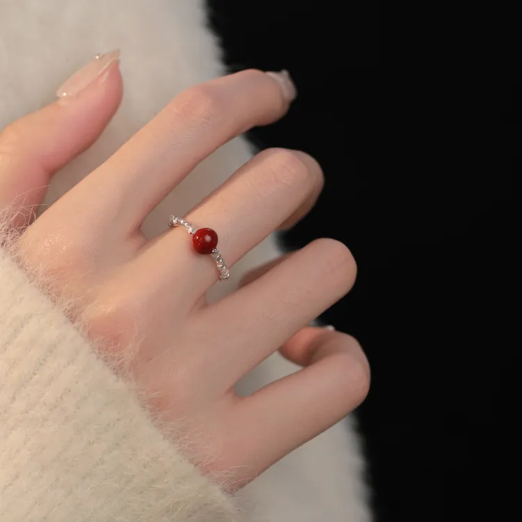 CUOOYINO/初影 足银戒指 【红珠珠碎银子】戒指气质复古百搭食指戒