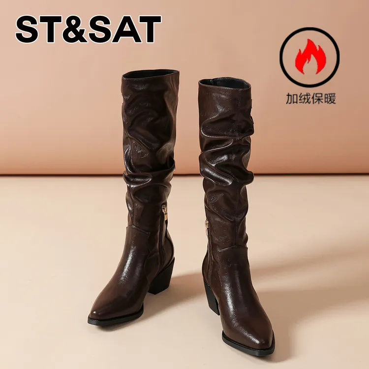 星期六真皮美拉德长筒靴女粗跟百搭骑士靴2025冬季新款轻奢时装靴
