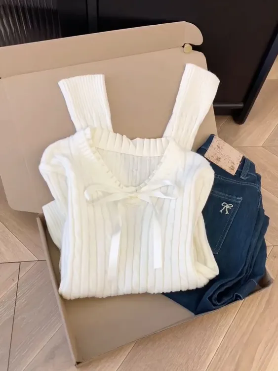 纯欲风蝴蝶结长袖针织衫女2025秋冬季气质修身显瘦内搭打底衫上衣