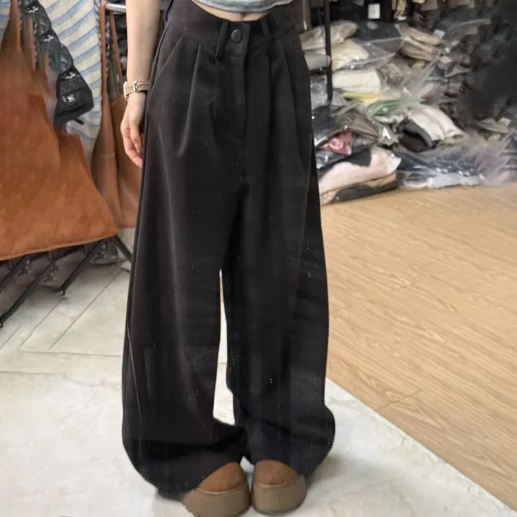 韩版高腰慵懒简约百搭毛呢阔腿裤冬季休闲裤高个子筒裤女