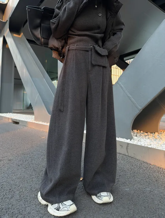 邓蕾婷【衣橱趋势】冬季新款小众设计感洋气高腰显瘦宽松毛呢阔腿裤