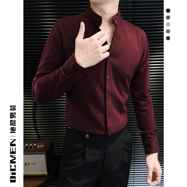 新年红立领长袖衬衫男款春秋新款毛呢高档奢侈修身男士商务衬衣