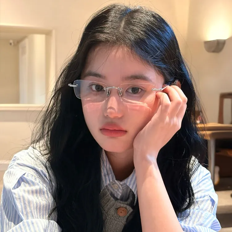 清冷气质无框方形眼镜女潮高智感可配近视度数超轻防蓝光眼镜