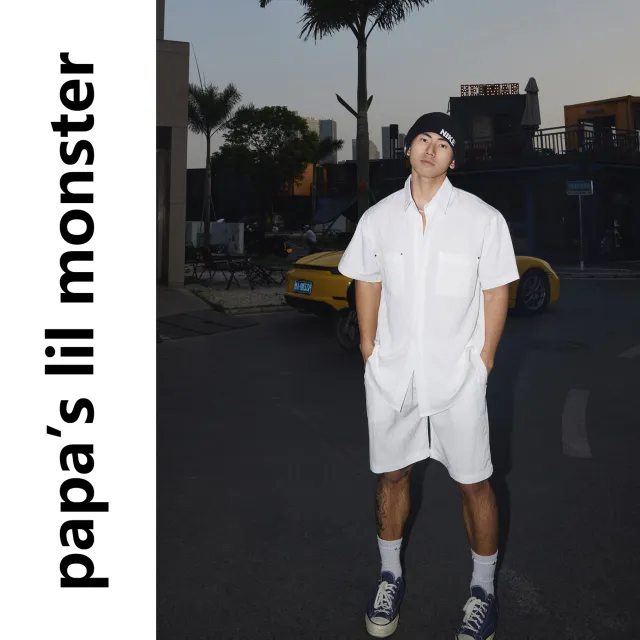 PAPASLILMONSTER美式复古痞帅垂感短袖衬衣男时尚休闲短裤套装