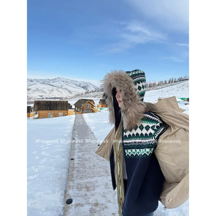 FORNI 费尔岛日记 貉子毛领北欧复古粗织费尔岛提花毛衣外套