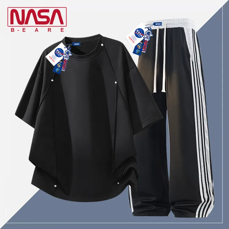 NASA联名美式铆钉条纹休闲运动套装男夏季冰丝薄款短袖长裤两件套