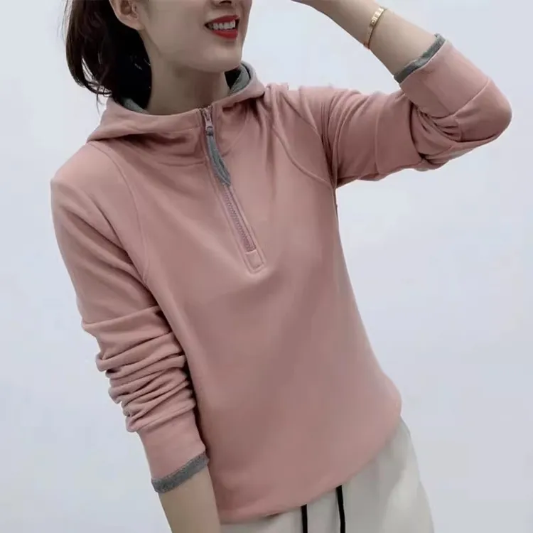 撞色连帽德绒卫衣女2025秋季新款韩版时尚宽松百搭长袖保暖上衣潮