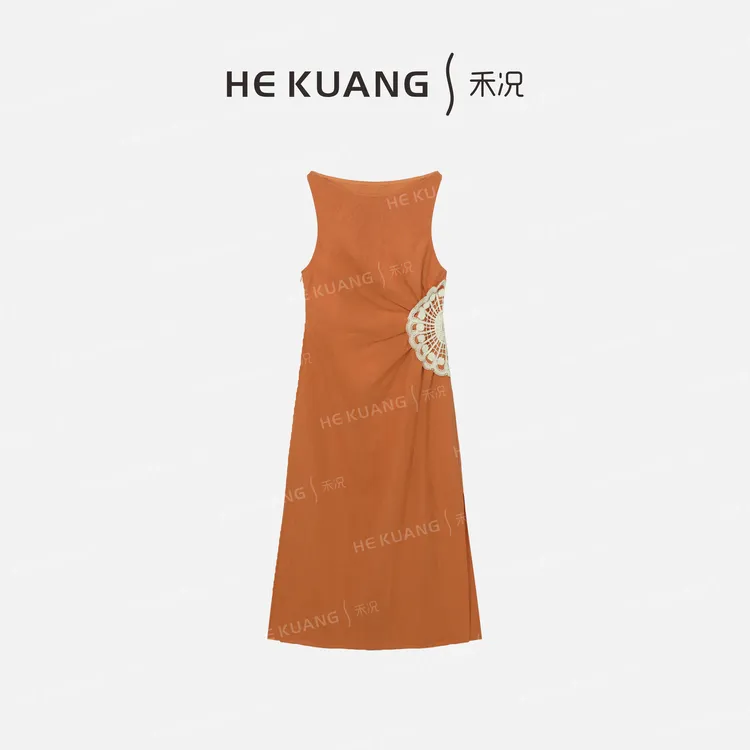 禾况HEKUANG【月扇织绣】苎麻无袖拼接针织高腰长裙连衣裙L652 0268