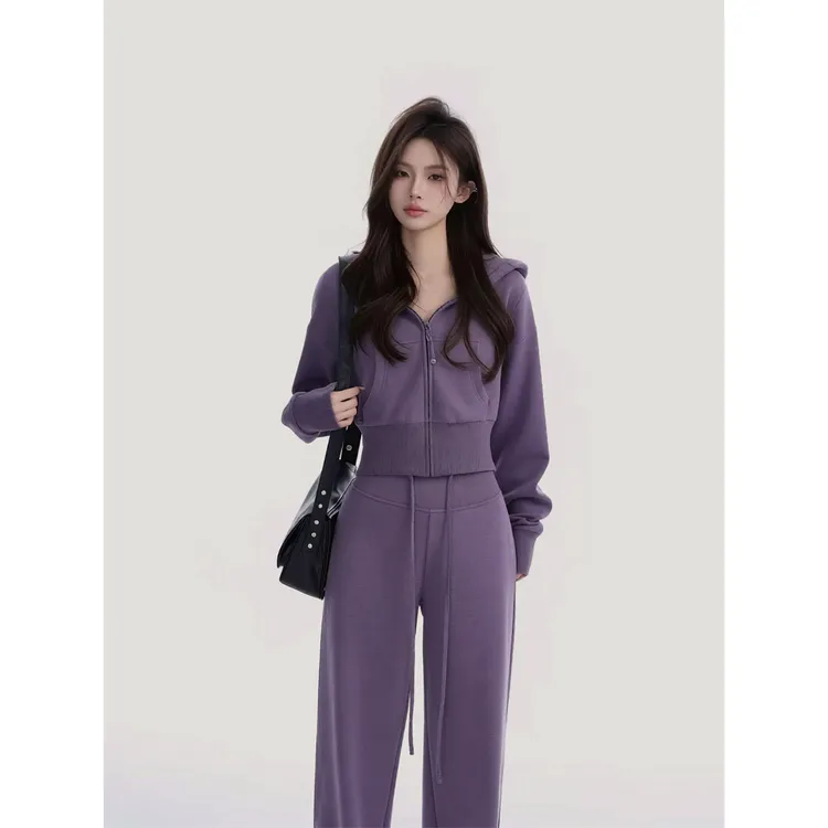 纯欲辣妹拉链连帽长袖外套上衣女秋季新款修身显瘦高腰休闲裤套装