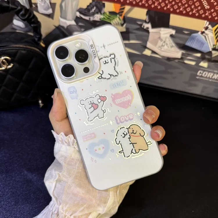 happy线条小狗适用苹果华为vivoiPhone小米三星防摔彩银手机壳