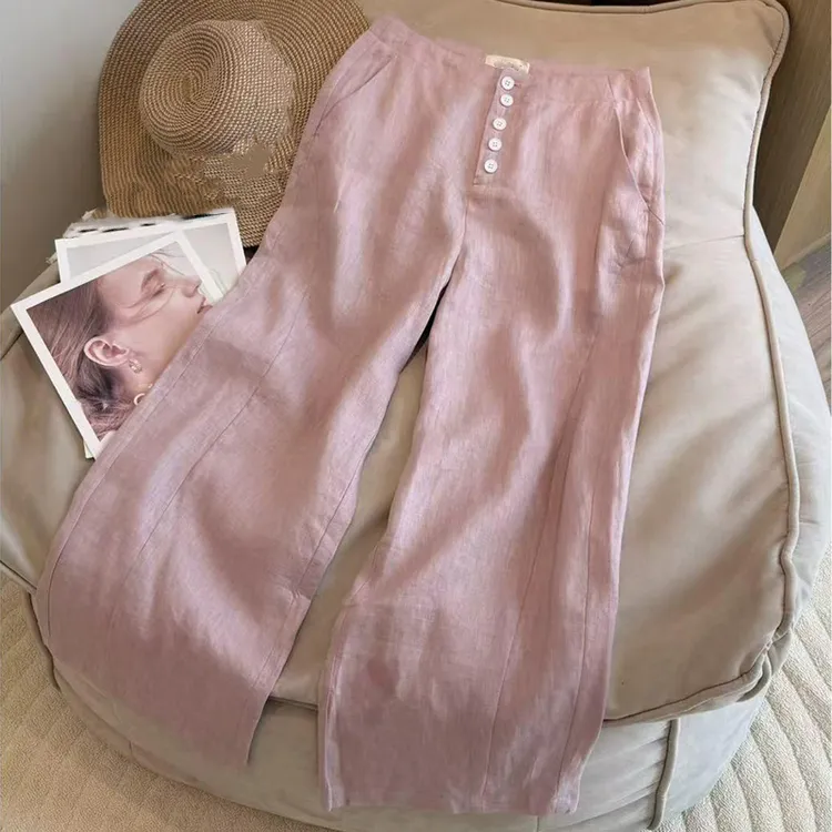 夏季新款单排扣设计感高腰亚麻裤子百搭时尚2025小众高级潮流显瘦