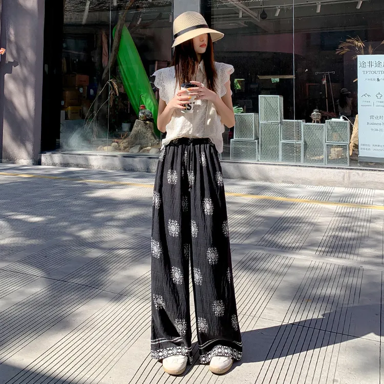 波西米亚阔腿裤2025夏季新款时尚复古度假风印花休闲薄款长裤女