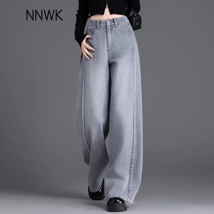 灰色高腰牛仔裤女垂感阔腿裤爆款2025新款春秋季休闲解构拼接长裤