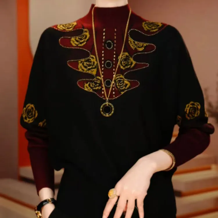 烫钻拼色休闲针织衫2026春秋新款女士妈妈时尚宽松遮肉保暖毛衣女