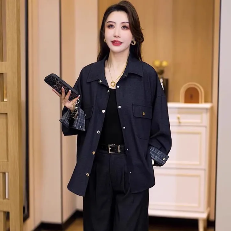 时尚设计感复古仿牛仔衬衫女2025秋季新款洋气显瘦宽松中长款外套
