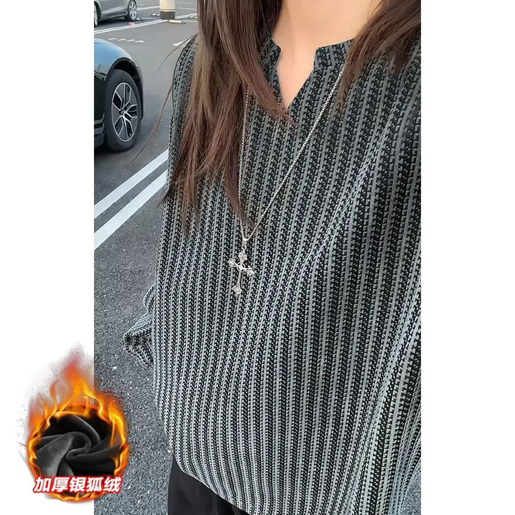 加绒款鱼骨纹v领免烫长袖卫衣外穿冬季宽松上衣百搭打底衫日系