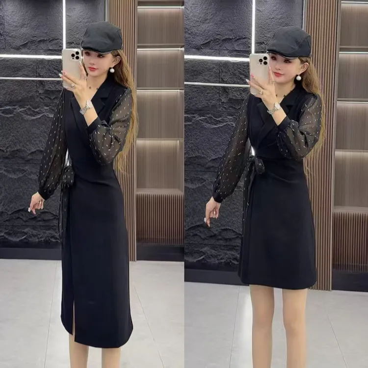 精品0665 气质网纱亮丝拼接系绳收腰假两件连衣裙