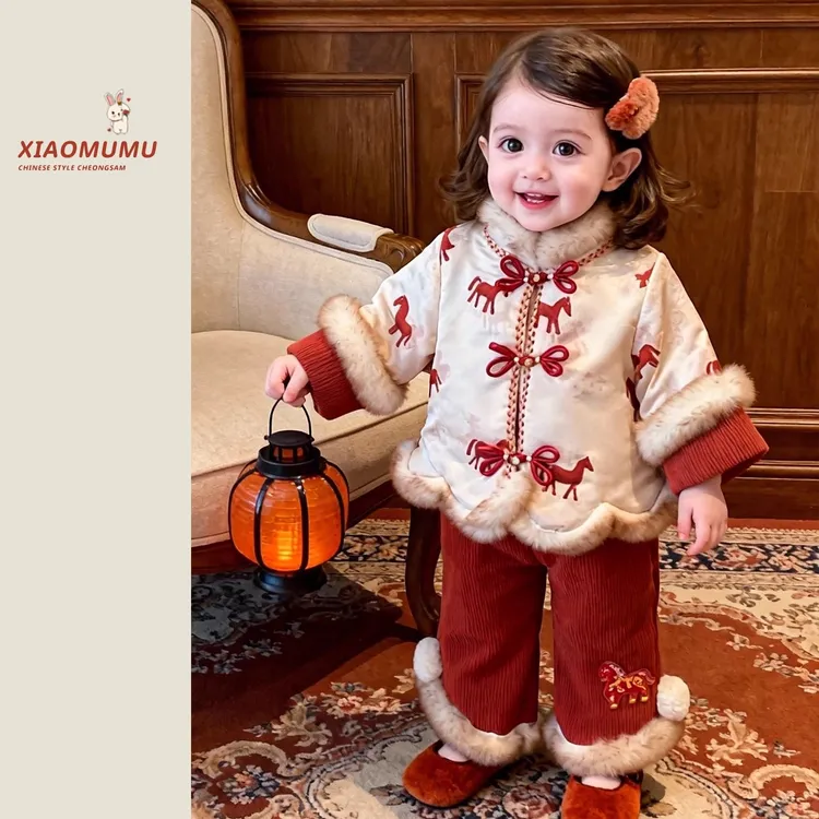 女童拜年服新款冬季加绒儿童中式套装汉服宝宝国风加厚冬装两件套