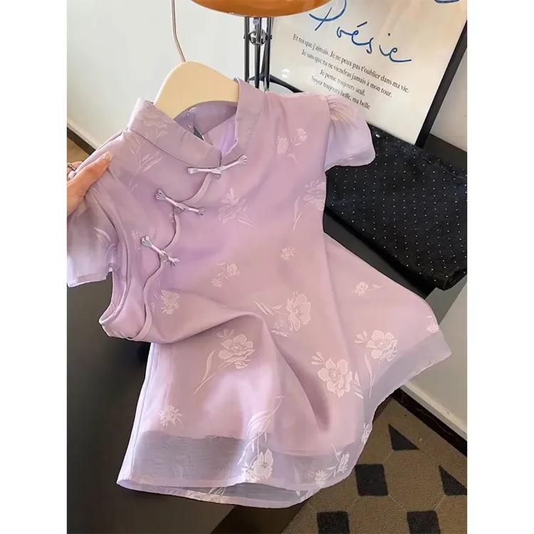 新中式国风盘扣紫色雪纺衬衫女2025夏季新款复古小衫气质短袖上衣