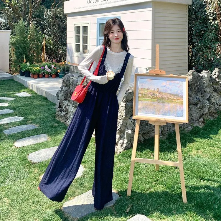 VOCKOO官方深蓝色蕾丝拼接连身裤套装女2025春季新款超火减龄抱婴