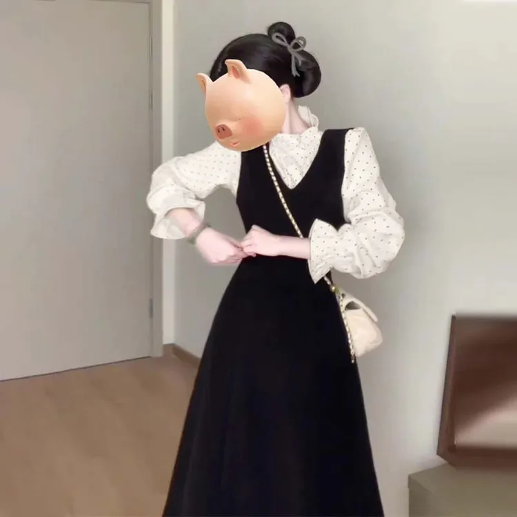 小香赫本风假两件连衣裙子女春秋款2025韩系穿搭长裙D3687