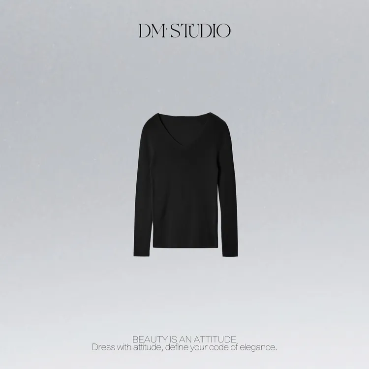 DEDM•STUDIO/气质减龄100%羊毛扬子纱V领长袖打底上衣2506MY/857